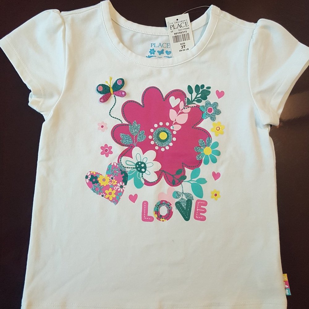 NWT Children's Place white t shirt pink fuchsia flower love t-shirt 3T girl